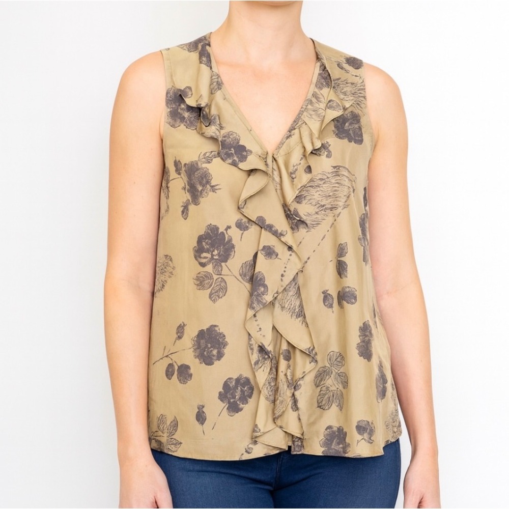 Cabi Silk Ruffle Blouse Womens Small Beige Gray Floral Print Sleeveless Career